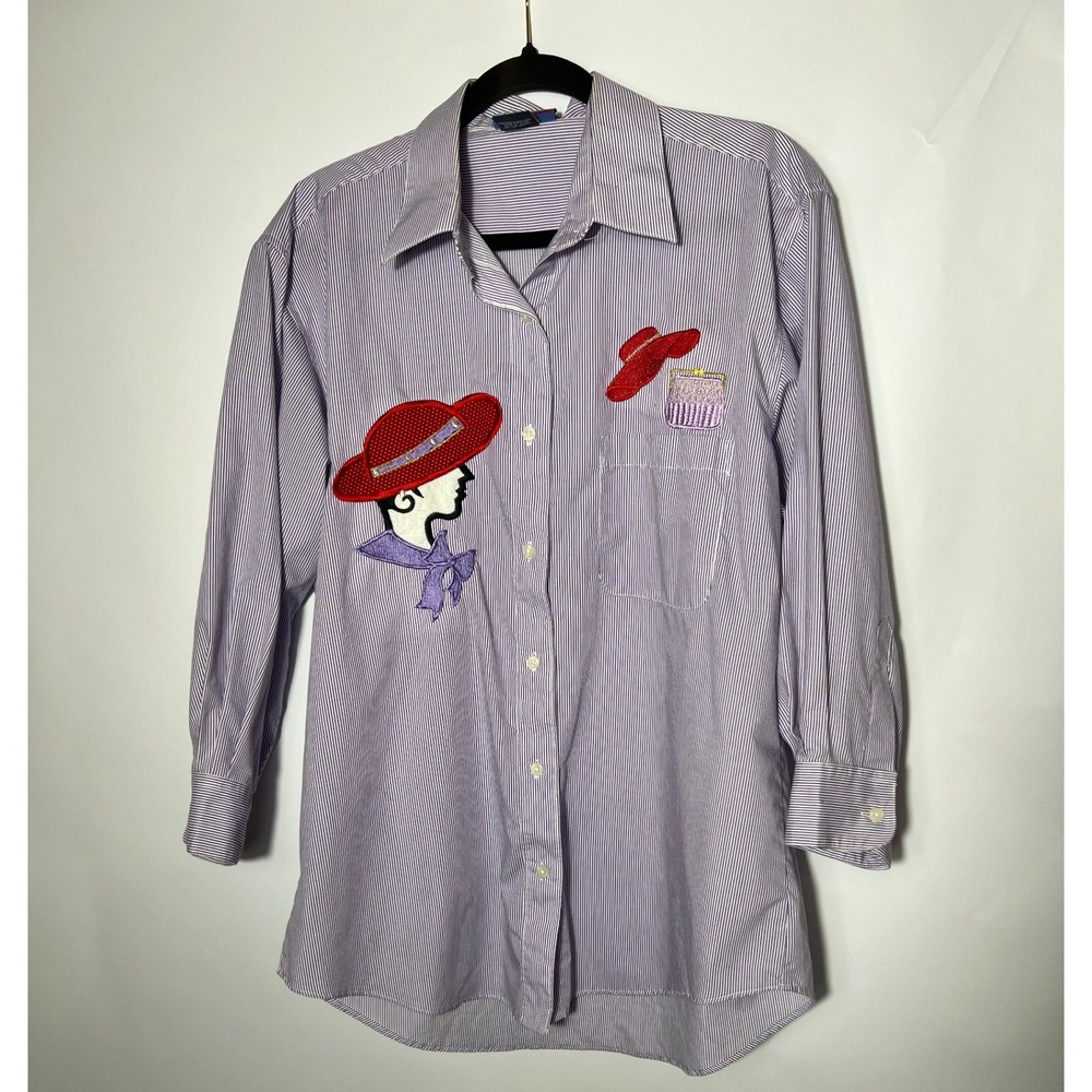 Las Olas Red Hat Society Purple Pinstripe Button Up Blouse Large Quarter Sleeve